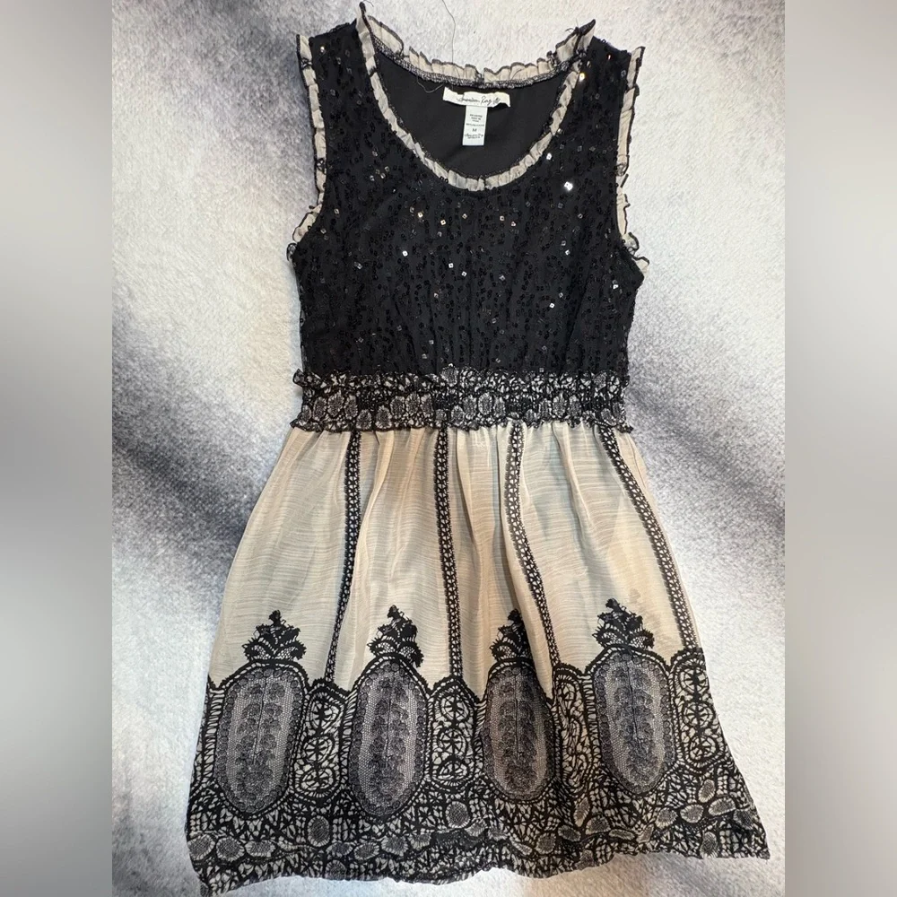 American‎ Rag Cie Black Cream Sequin Organza Print Fit Flare Dress Medium M